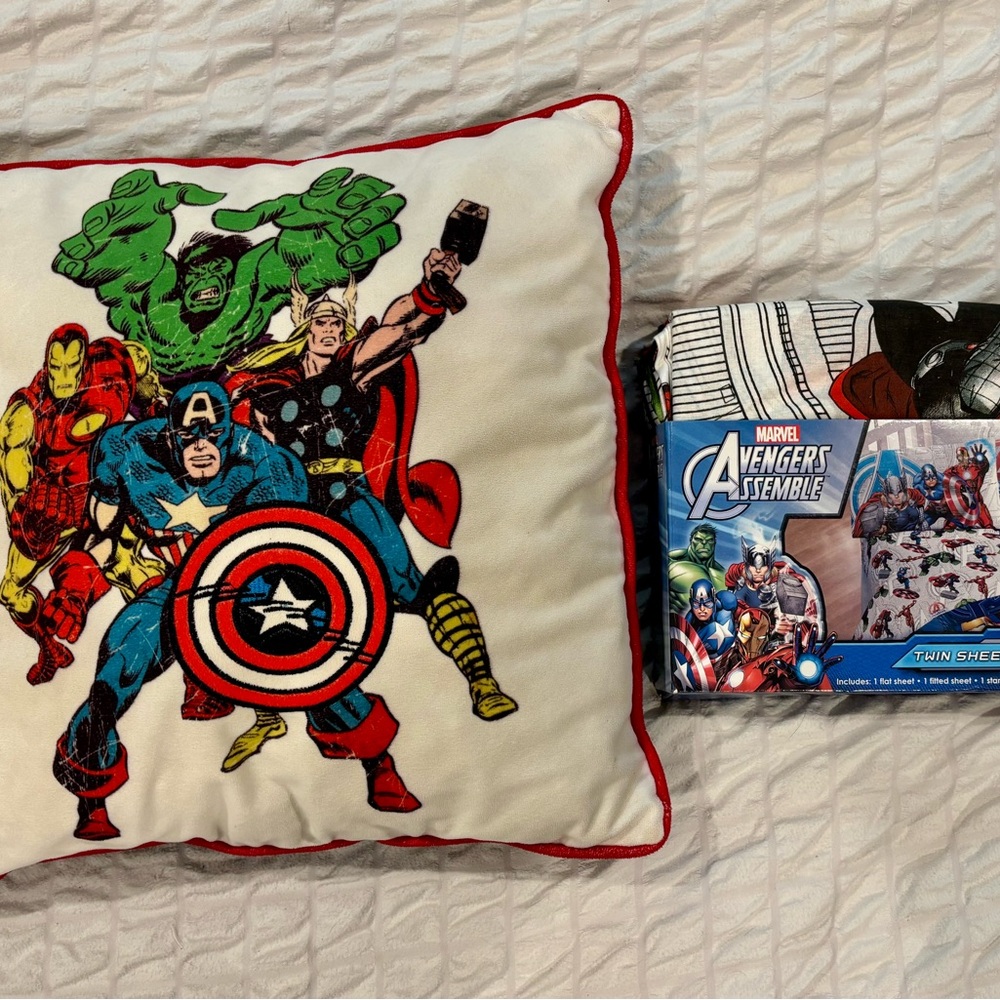 Marvel Avengers Assemble Pillow (used) & Twin Sheet Set (new)